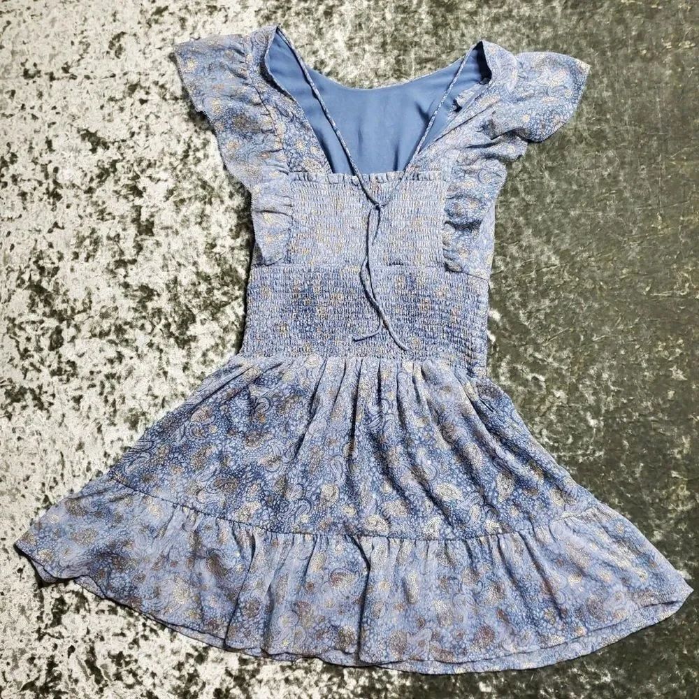 Michael Kors Blue Gold Paisley Print Tiered Dress S